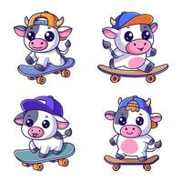 fofa vaca jogando skate conjunto vetor