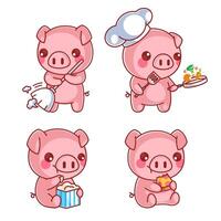fofa porco comendo desenho animado estilo conjunto vetor