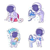 fofa astronauta limpeza corpo, desenho animado estilo conjunto vetor