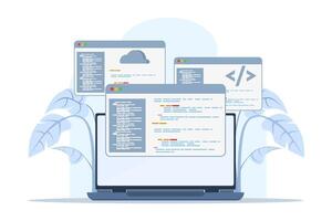 rede desenvolvimento conceito. programação linguagem. CSS, html, isto, ui. programadores em desenvolvimento sites, codificação. plano vetor ilustração em branco fundo.