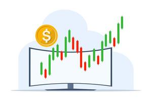 estoque mercado investimento negociação o negócio castiçal gráfico. otimista apontar, tendência gráfico. computador com o negócio gráficos e dólar moedas, dólar troca taxa aumentar. plano vetor ilustração.