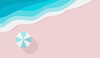 praia de areia azul, pedaço de mar ou oceano e guarda-sol, vista de cima. modelo de design de plano de fundo de férias de verão para gráfico da web, banner, panfleto, cartão, folheto, folheto. ilustração em vetor plana.