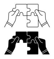 linear ícone. homem mãos conectar enigma peças. trabalho em equipe. juntando forças para completo tarefa. simples Preto e branco vetor