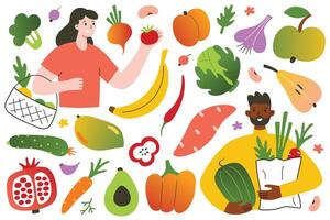 pessoas comendo e comprando fruta e vegetal, mercearia loja, eco vegano estilo de vida, orgânico Comida mão desenhado definir, ícones do abacate, manga, repolho, vetor ilustrações do homens e mulheres com legumes