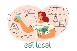 comer local Comida poster, vetor ilustração do mulher dentro Fazenda mercado, plano personagem comprando vegetais, ícones do local Produção, sustentável estilo de vida composição, eco amigáveis sazonal produtos