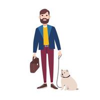 jovem sorridente homem com barba vestido dentro à moda roupas caminhando buldogue. plano desenho animado personagem segurando dele cachorro dentro trela isolado em branco fundo. animal proprietário. colorida vetor ilustração.