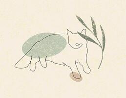 1 linha deitado gato vetor ilustração com abstrato formas e plantar filial, folhas bege cores