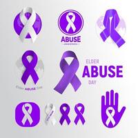 Conjunto de ícones do dia de conscientização de abuso de idosos, coleção de fita roxa, símbolo de campanha de violência doméstica, emblema de problema de idosos, ilustração vetorial. vetor