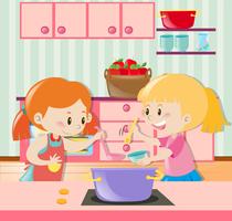 Duas garotas fazendo sopa na cozinha vetor