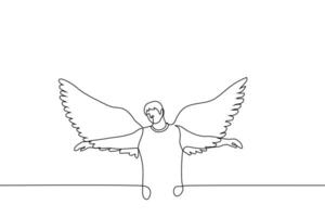 homem com asas é em pé com dele asas espalhar e dele braços para a lados - 1 linha desenhando vetor. anjo conceito metáfora do sonhadores pessoa, livre pensando pessoa vetor