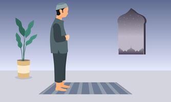 uma muçulmano homem Rezar em oração esteira. em pé posição dentro oração. vetor ilustração.