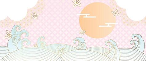 luxo ouro oriental estilo fundo vetor. chinês e japonês papel de parede padronizar Projeto do elegante mar aceno, flor, lua com gradiente ouro linha textura. Projeto para decoração, parede decoração. vetor