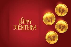 feliz dhanteras religioso poster com deusa pé impressão em dourado moeda vetor