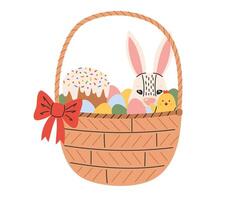 Páscoa cesta com fofa branco coelhinho, garota, bolo e ovos. Primavera feriado. vetor ilustração dentro plano mão desenhado estilo