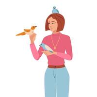 jovem mulher alimentando e segurando pássaros vetor ilustração. animal proprietário