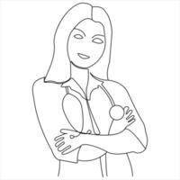 contínuo solteiro linha desenhando do jovem fêmea médico com estetoscópio vetor ilustração