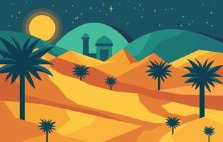 plano Projeto ilustração do mesquita construção com encontro árvores dentro árabe deserto às noite vetor