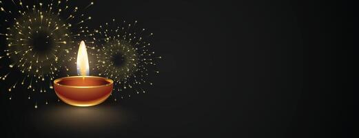 feliz diwali Sombrio bandeira com diya e fogos de artifício vetor