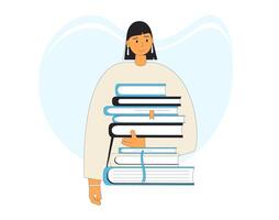 Adolescência menina retrato com pilha do livros isolado em branco fundo. literatura fã. livros amante. jovem fêmea aluna segurando manual, livro escolar. vetor