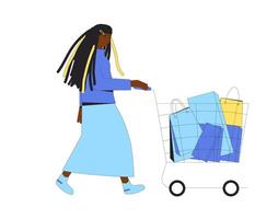 jovem mulher com compras bolsas. fêmea pessoa caminhando com dela compras. vetor