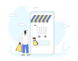 conectados compras. homem com enorme Smartphone e compras bolsas. vetor