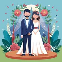 Casamento casal dentro a jardim com flores etapa ilustração vetor