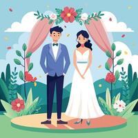 Casamento casal dentro a jardim com flores vetor ilustração