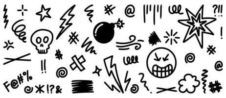 estilo de esboço doodle de ícones de xingamento ilustração desenhada à mão dos desenhos animados para o projeto de conceito. vetor