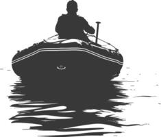 ai gerado silhueta uma homem dirigindo inflável barco a barco é viajando Preto cor só vetor