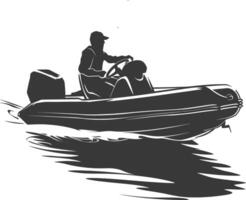 ai gerado silhueta uma homem dirigindo inflável barco a barco é viajando Preto cor só vetor