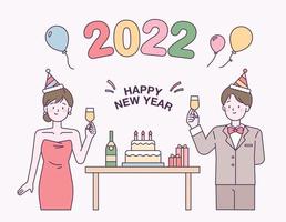Cartão de ano novo de 2020. um casal de vestidos e ternos está brindando com champanhe. ilustração em vetor estilo design plano.