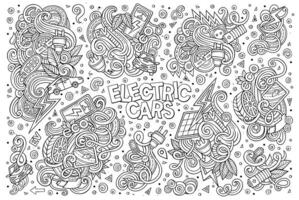 linha arte vetor rabisco desenho animado conjunto do elétrico carros objetos