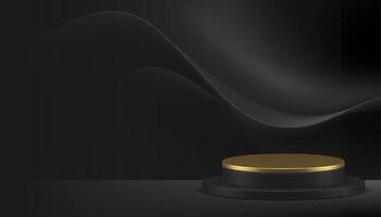 3d luxo cilindro pódio pedestal dourado ficar de pé Preto curvado onda parede fundo realista vetor