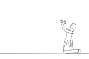 solteiro 1 linha desenhando árabe empresária ajoelhado levantando mãos para rezar. Rezar para faço isto mais fácil para Faz negócios. empresária perdido ter esperança. render. contínuo linha Projeto gráfico ilustração vetor