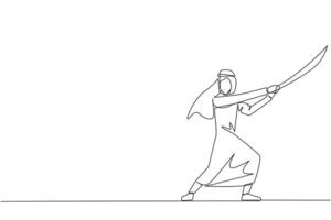 solteiro contínuo linha desenhando árabe homem de negocios segurando samurai. estilizado gostar samurai atleta guardando a negócios. preparado para eliminar perturbe o negócio crescimento. 1 linha Projeto vetor ilustração