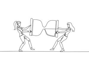 solteiro 1 linha desenhando dois Bravo empresária brigando sobre a ampulheta. perguntar cada de outros para adicional Tempo para mandar a companhia perfil. agressivo. contínuo linha Projeto gráfico ilustração vetor