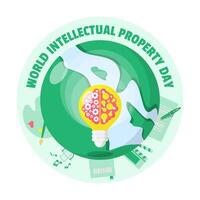 mundo intelectual propriedade dia poster com luz lâmpada em terra e cercado de vários tipos do intelectual propriedade vetor