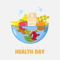 mundo saúde dia poster com vários tipos do saudável Comida dentro uma tigela do terra vetor