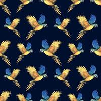 tropical vôo azul amarelo arara papagaio. mão desenhado aguarela botânico ilustração. desatado padronizar em uma Sombrio fundo. vetor