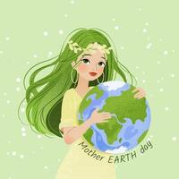 feliz mãe terra dia. de Meio Ambiente proteção. poster dentro desenho animado estilo com mulher, planeta terra e slogan. carinhoso para natureza. vetor ilustração para bandeira, social meios de comunicação publicar, celebração cartão.