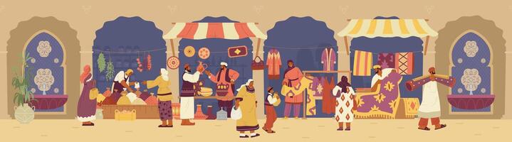 árabe rua bazar com compradores e vendedores com cerâmica, tapetes, roupas e especiarias baias vetor horizontal bandeira. meio Oriental mercado plano vetor ilustração.