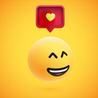 Bonito emoticon 3D alta detalhado amarelo com bolha do discurso e coração para web, ilustração vetorial vetor