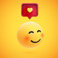 Bonito emoticon 3D alta detalhado amarelo com bolha do discurso e coração para web, ilustração vetorial vetor