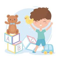 zona das crianças, o alfabeto do menino bonito bloqueia o ursinho de pelúcia e brinquedos para carros