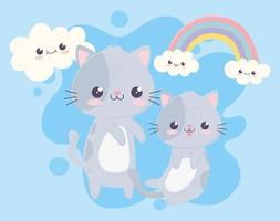 gatinhos fofos, nuvens de arco-íris, personagem de desenho animado kawaii vetor