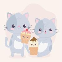 gatinhos fofos com sorvete e personagem de desenho animado cupcake kawaii vetor