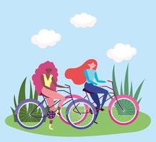 transporte ecológico, desenho animado de mulheres jovens com bicicletas no parque vetor
