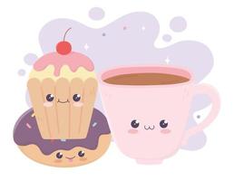 xícara de café fofa donut e personagem de desenho animado queque kawaii vetor