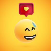 Bonito emoticon 3D alta detalhado amarelo com bolha do discurso e coração para web, ilustração vetorial vetor