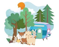 camping coelhos fofos cabra veado frango trailer desenho animado floresta vetor